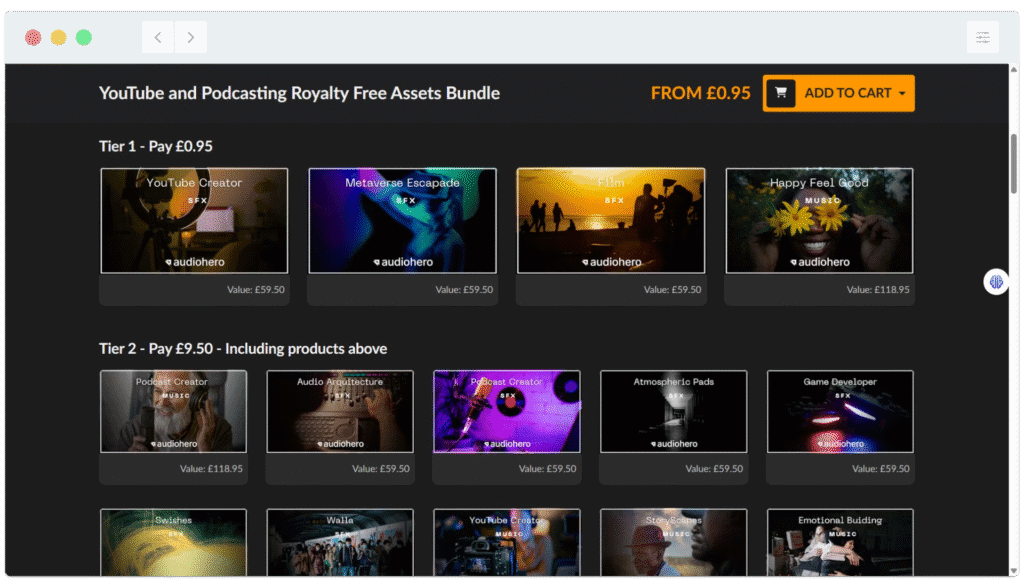Screenshot of a website selling royalty free audio and video asset bundles for YouTube and podcasting, showing product tiers.