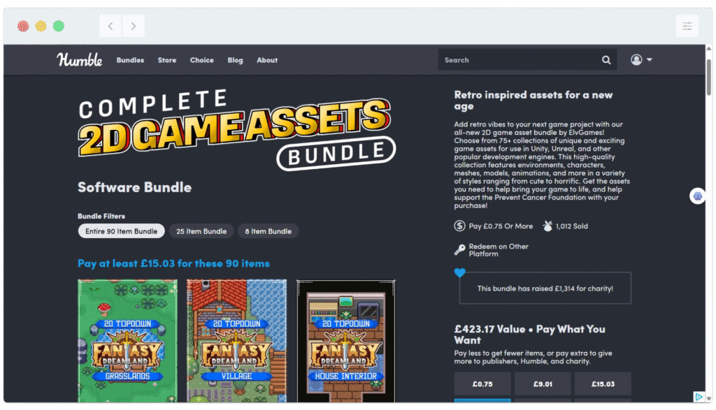 Screenshot of a Humble Bundle webpage featuring a "Complete 2D Game Assets Bundle" for sale with retro-themed images.