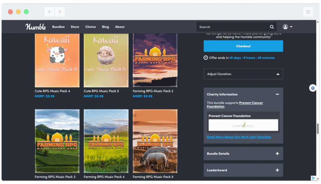 A webpage displays a selection of music packs for sale, including "Cute Music Pack" and "Farming RPG Music Pack.