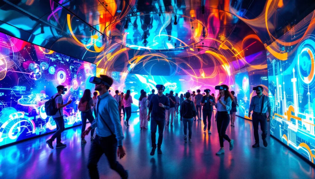 People wearing VR headsets interact in a colorful, immersive digital exhibition with vibrant lights and screens.