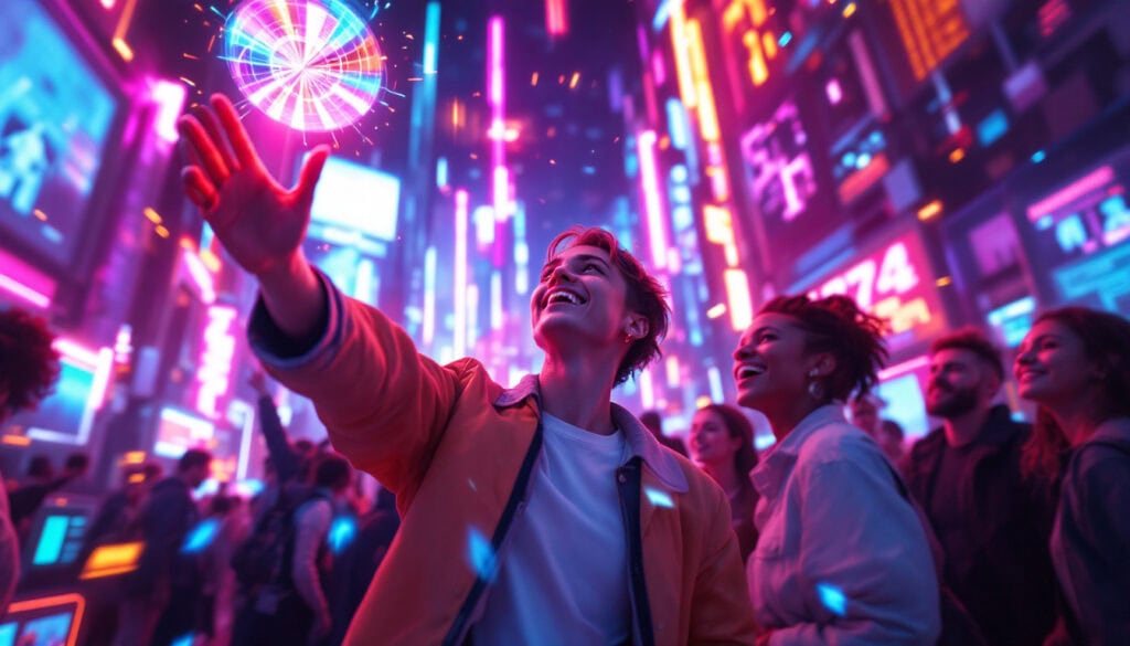 A person reaches toward a glowing sphere in a vibrant, neon-lit cityscape surrounded by digital screens and people.
