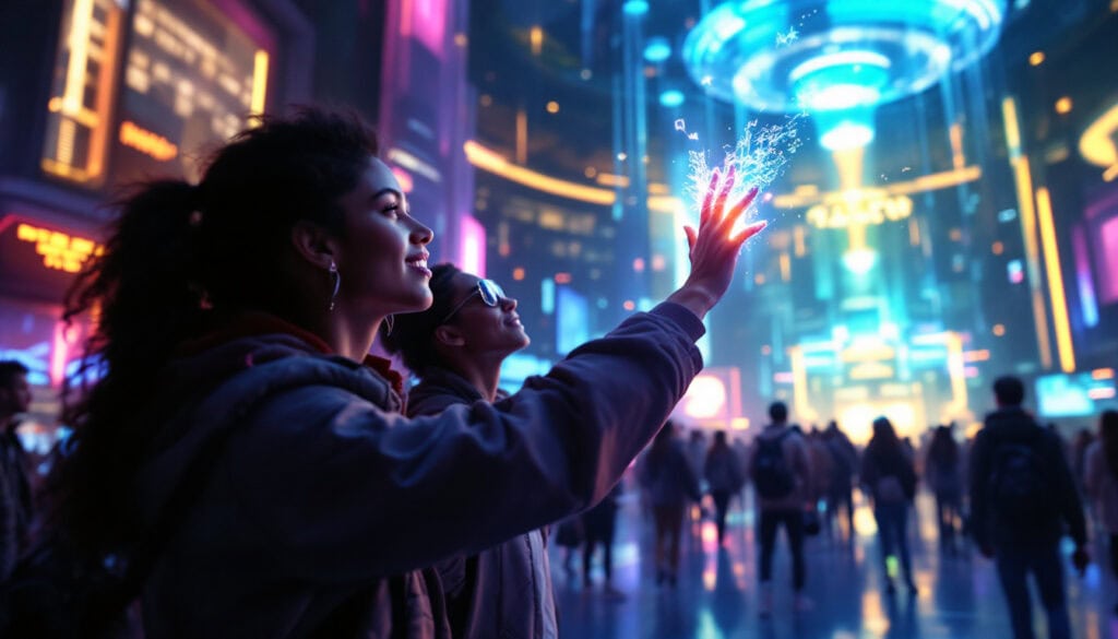 A woman touches a glowing hologram in a futuristic city, surrounded by people and neon lights.