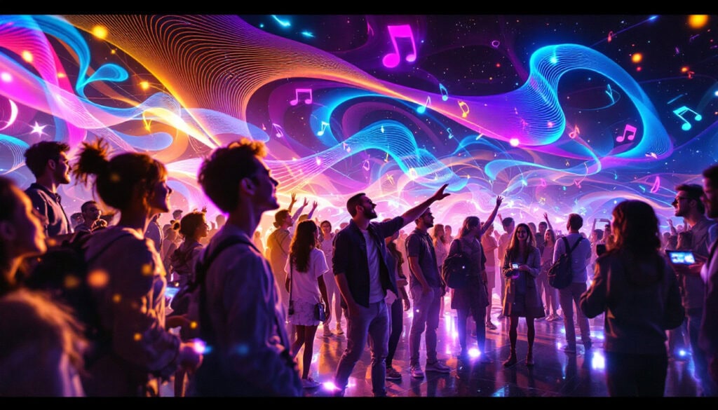 A crowd at a concert with vibrant, colorful lights and musical notes projected above them.