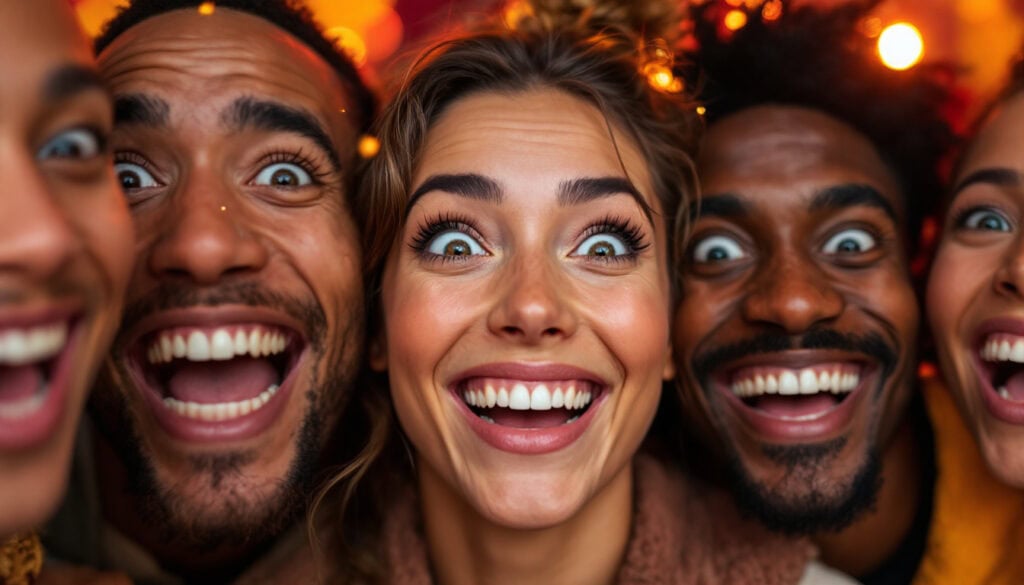 Five people smiling widely and posing closely together for a selfie with warm, festive lights in the background.