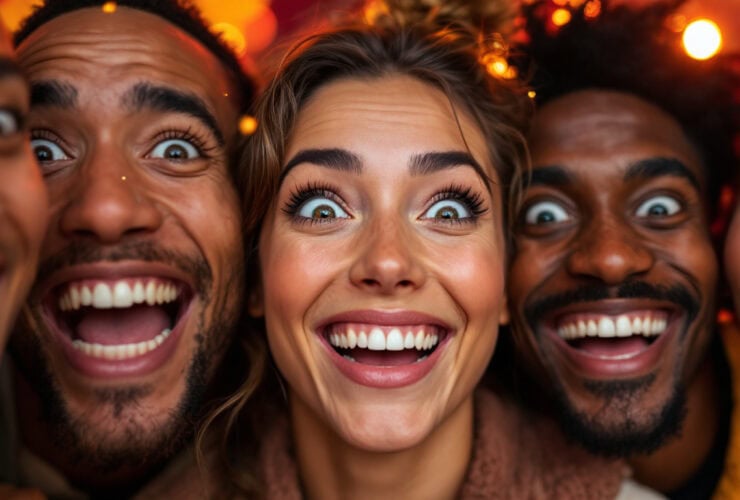 Five people smiling and laughing closely together, facing the camera with bright expressions.