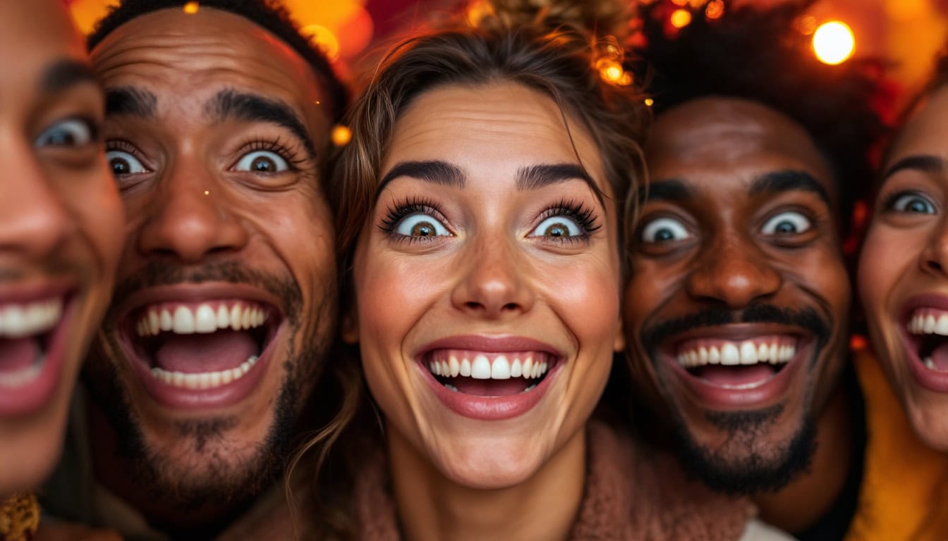 Five people smiling and laughing closely together, facing the camera with bright expressions.