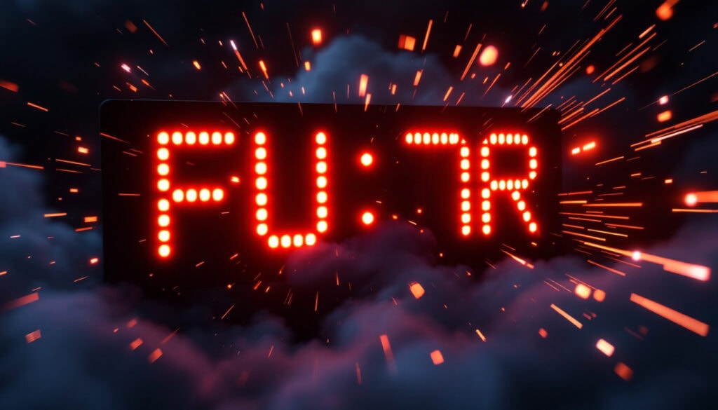 Red LED sign displaying "FU:7R" amid dark clouds and sparks, resembling an explosive or dramatic effect.