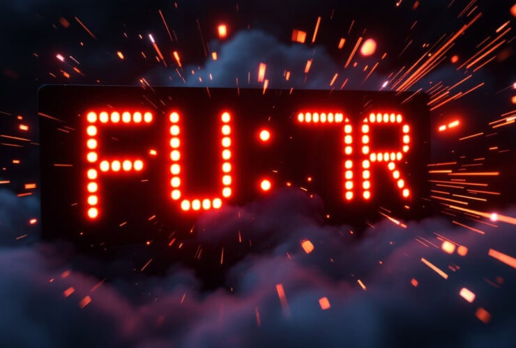 Red LED sign displaying "FU:7R" amid dark clouds and sparks, resembling an explosive or dramatic effect.