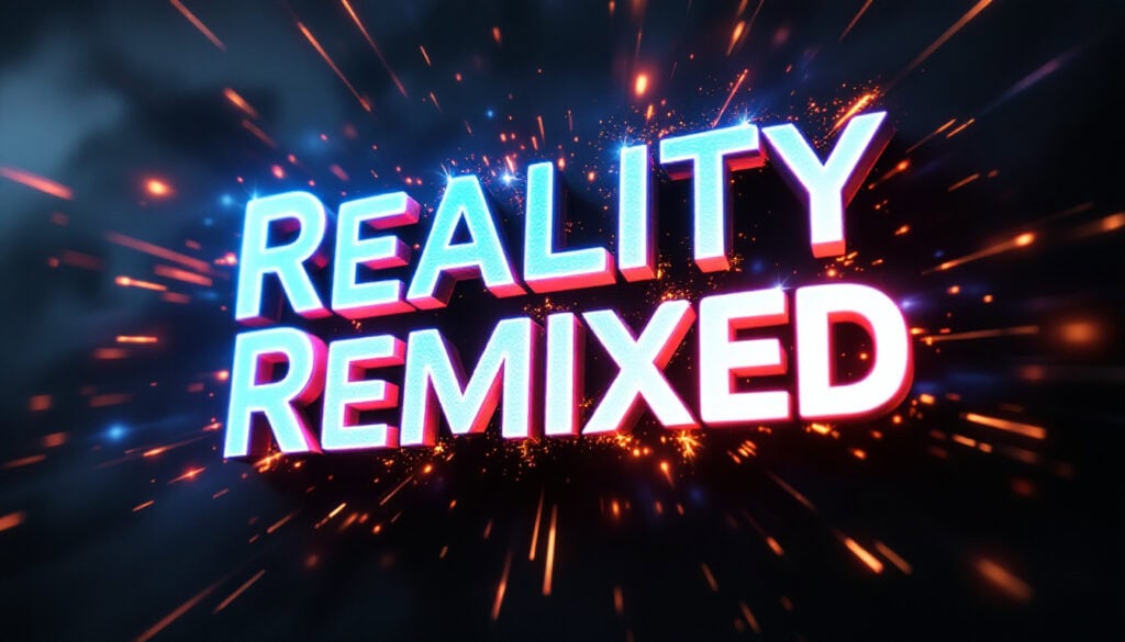 The words "Reality Remixed" in bold, glowing letters with sparks and light streaks in the background.