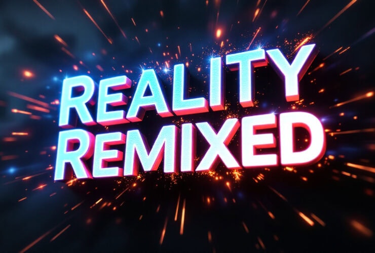 The words "Reality Remixed" in bold, glowing letters with sparks and light streaks in the background.