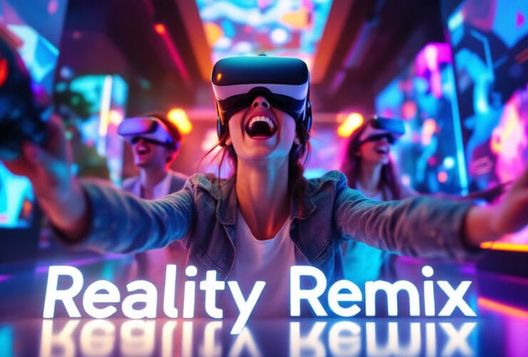 People wearing VR headsets reach forward, surrounded by colorful lights and the words "Reality Remix" in front.