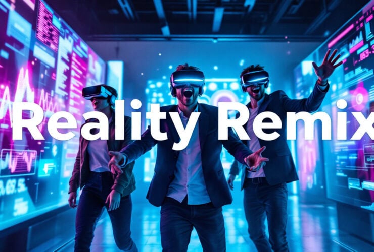 Three people wearing VR headsets interact with digital graphics; the text "Reality Remix" is overlaid on the image.
