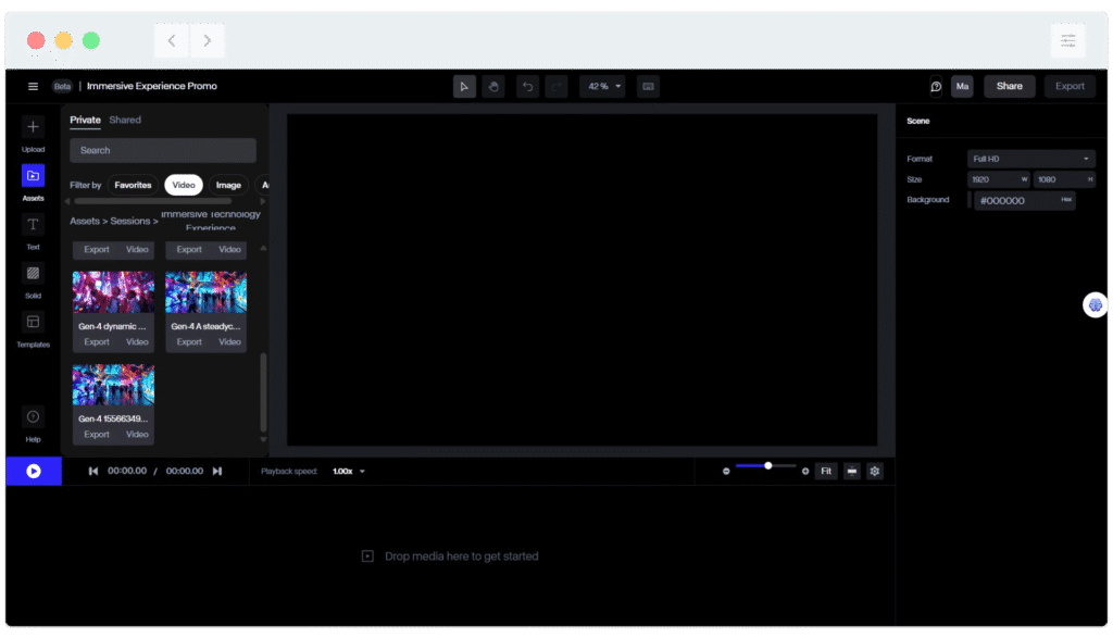 Screenshot of a video editing software interface with an empty timeline and media files shown in the left sidebar.