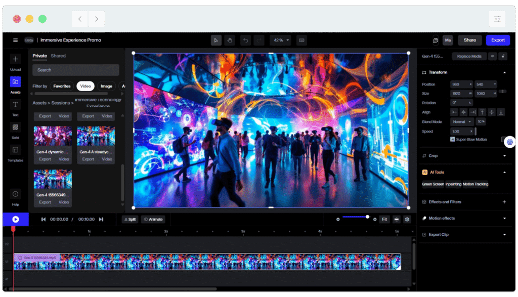 Video editing software interface showing a colorful digital art scene with people in a futuristic exhibition space.