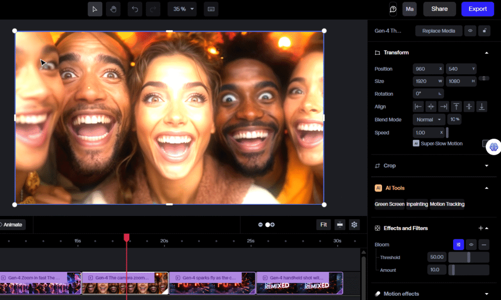 Four people smiling widely in a video editing software interface with various editing tools visible on the right.
