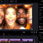 Four people smiling widely in a video editing software interface with various editing tools visible on the right.