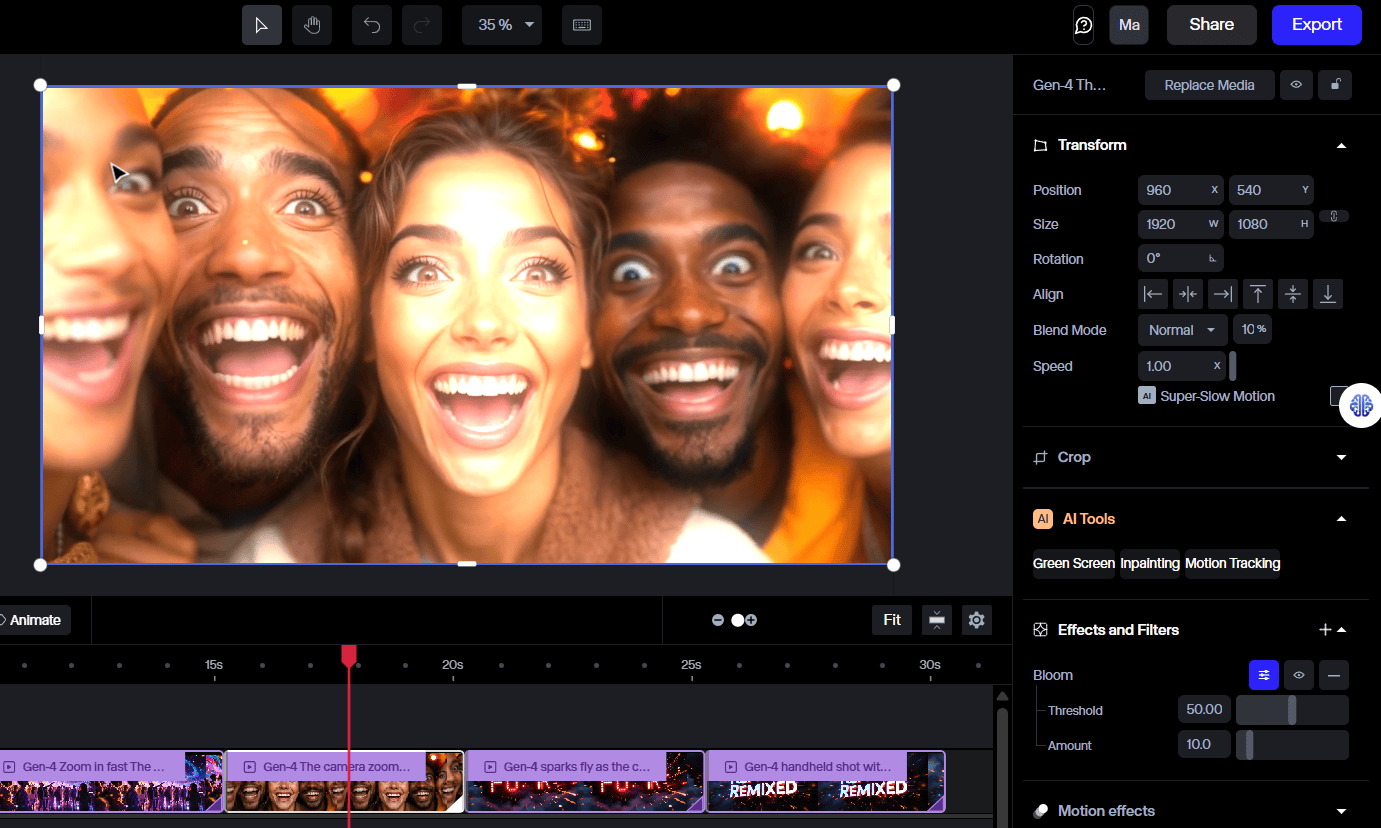 Four people smiling widely in a video editing software interface with various editing tools visible on the right.