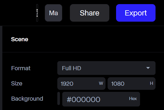 Screenshot of a scene export menu showing Full HD, 1920x1080 size, and a #000000 background color selection.