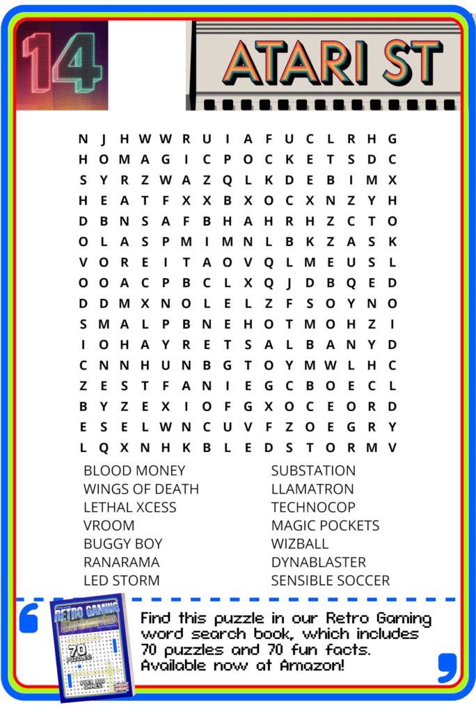Atari ST-themed word search puzzle with a list of video game titles to find in a grid of letters.