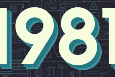 Large, bold numbers "1981" displayed over a dark background with faint technical diagrams and outlines.
