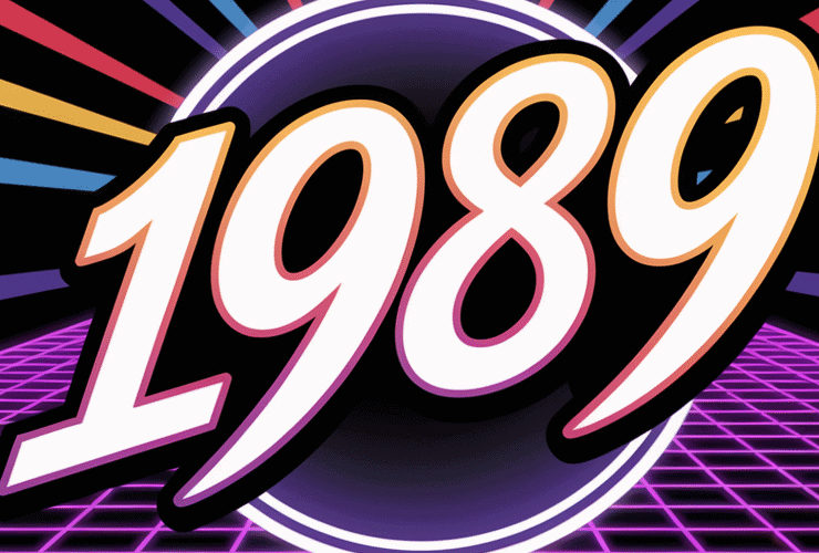 Bold "1989" text in front of a retro-style neon grid and colorful, radiating lines on a black background.