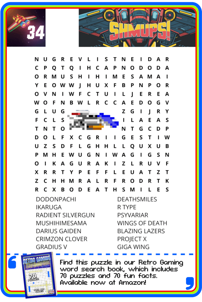 A retro gaming-themed word search puzzle featuring SHMUPS titles and a pixelated spaceship illustration.