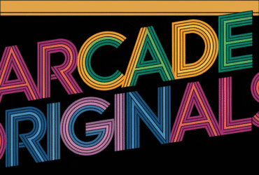 Colorful text reading "ARCADE ORIGINALS!" on a stylized black and tan arcade cabinet background.