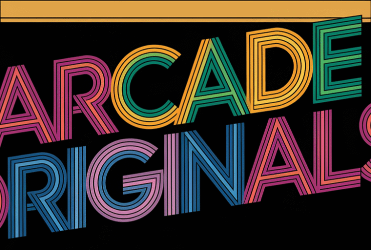 Colorful text reading "ARCADE ORIGINALS!" on a stylized black and tan arcade cabinet background.