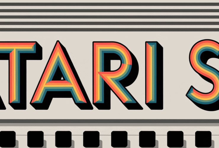 ATARI ST logo with bold, multi-colored text and striped background, resembling a vintage computer design.