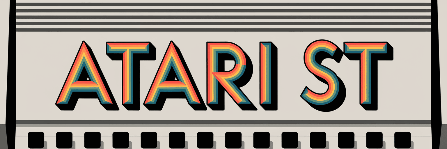 ATARI ST logo with bold, multi-colored text and striped background, resembling a vintage computer design.