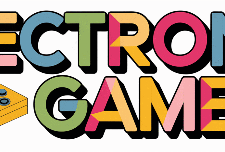 Bold colorful text "Electronic Games" with a yellow handheld console illustration beside the word "Electronic.