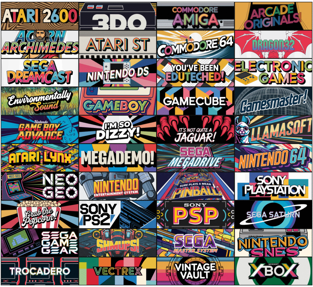 A grid of colorful retro video game logos and consoles, including Atari, Sega, Nintendo, Xbox, and PlayStation.