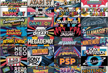 A grid of colorful retro video game logos and consoles, including Atari, Sega, Nintendo, Xbox, and PlayStation.