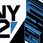 Graphic design of the Sony PS2 logo beside a stylized illustration of the PlayStation 2 console in blue, black, and white.