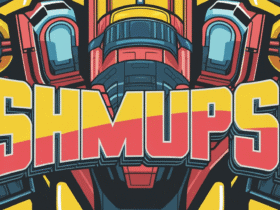Colorful spaceship graphic with the bold word "SHMUPS!" in yellow and red overlaid across the center.