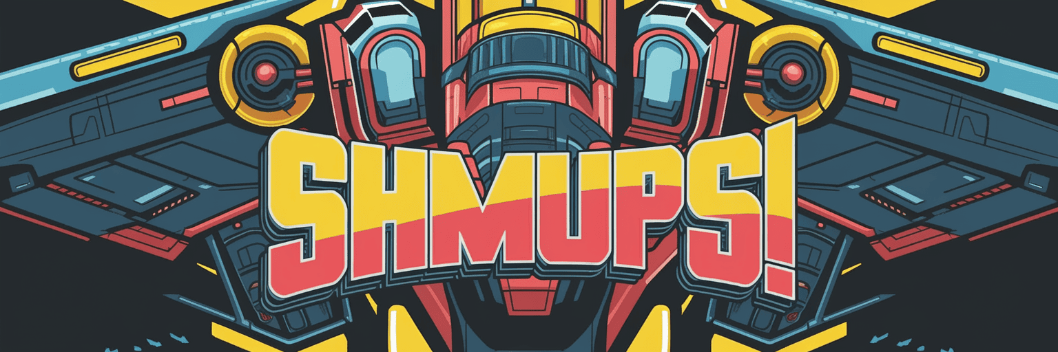 Colorful spaceship graphic with the bold word "SHMUPS!" in yellow and red overlaid across the center.