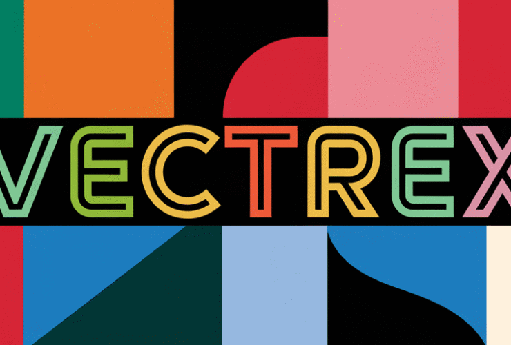 VECTREX text in multicolored letters over a geometric, colorful abstract background.