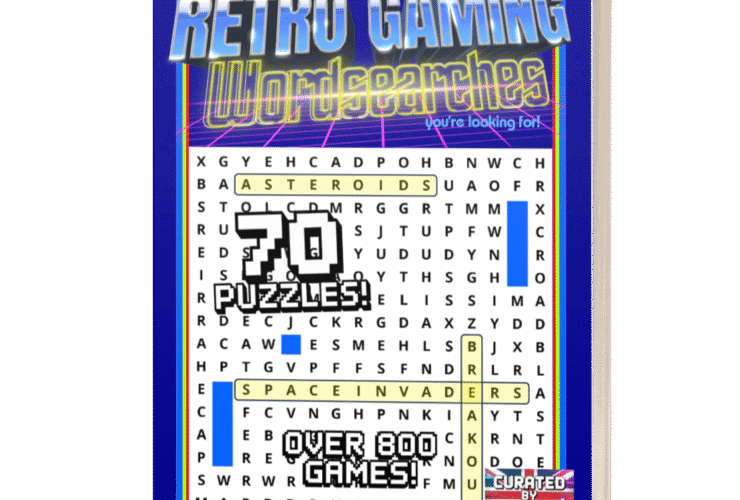 A book cover titled "Retro Gaming Wordsearches" featuring a word search puzzle and text about 70 puzzles and 800 games.