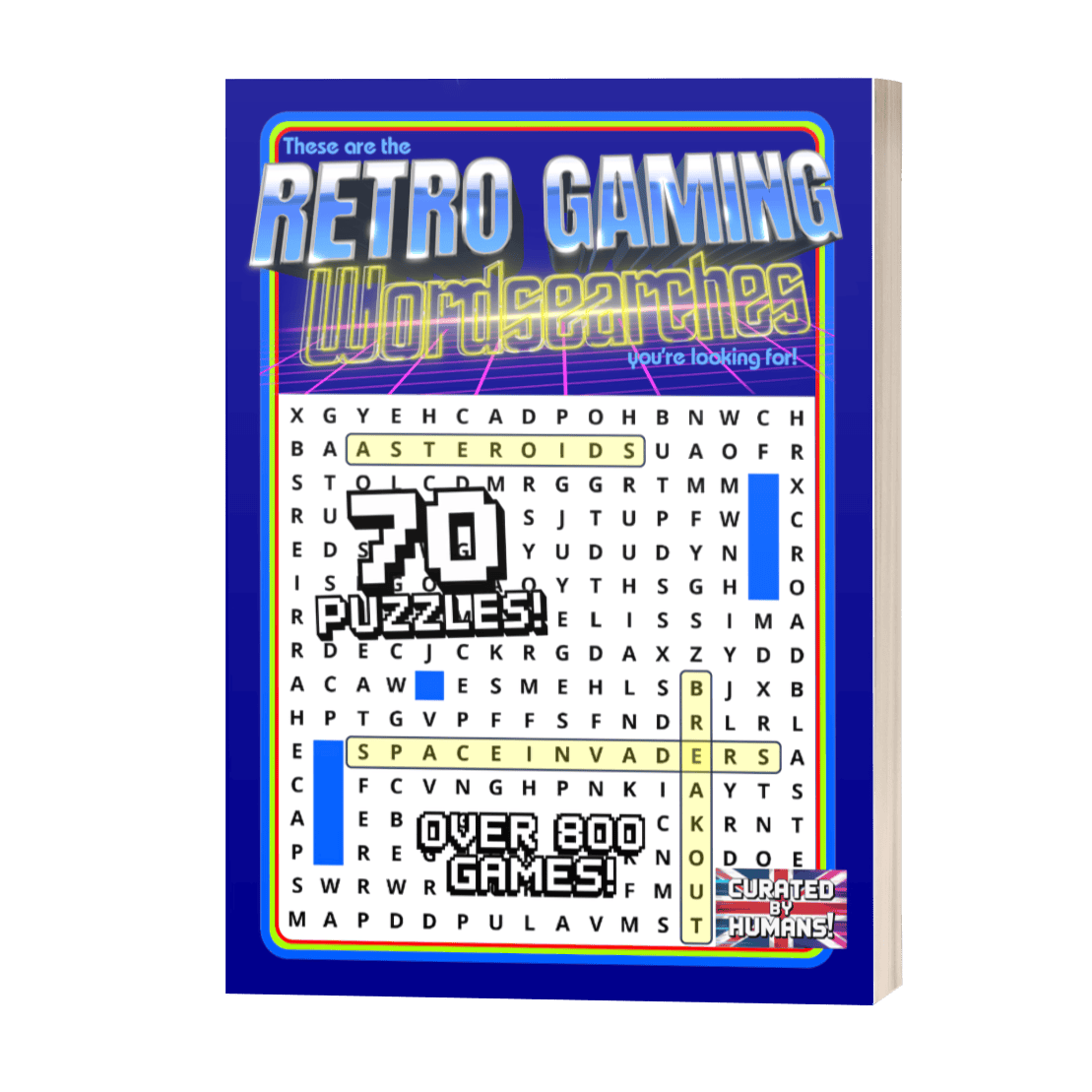 A book cover titled "Retro Gaming Wordsearches" featuring a word search puzzle and text about 70 puzzles and 800 games.