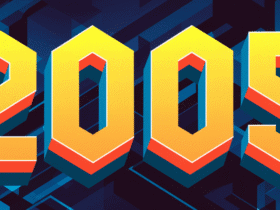 Bold, geometric "2005" text in yellow and orange hues on a dark, abstract background.