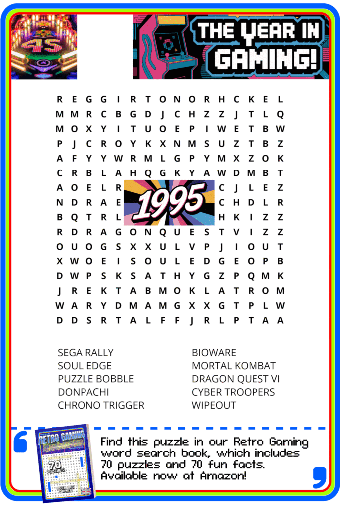 A 1995-themed retro gaming word search puzzle with a list of game titles and promotional text for a puzzle book.