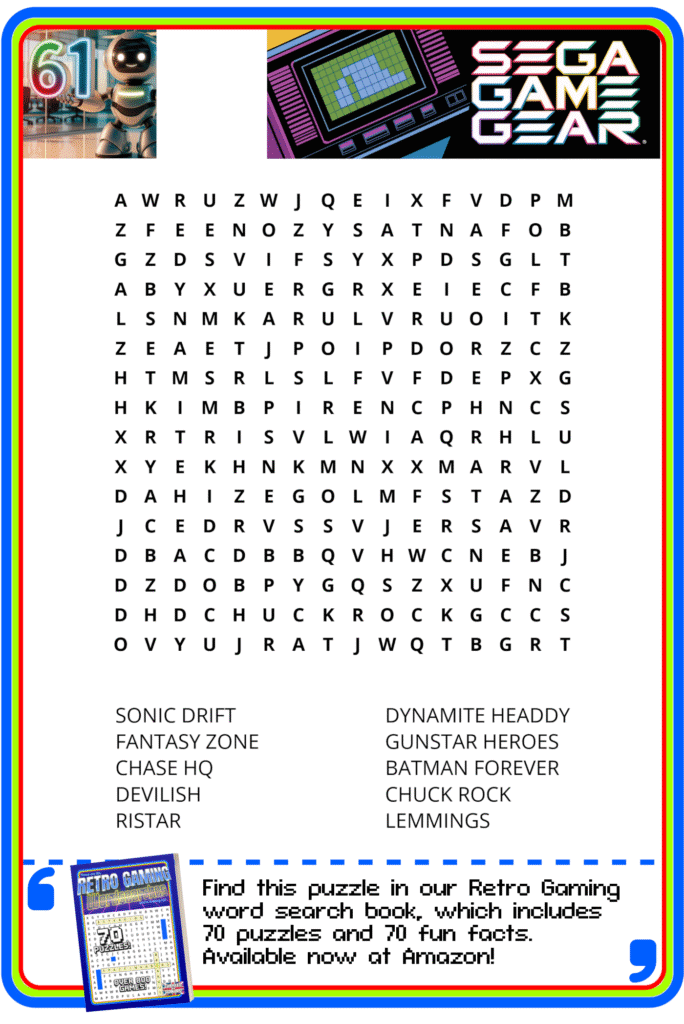 A Sega Game Gear-themed word search puzzle with a list of games to find and an ad for a retro gaming puzzle book.