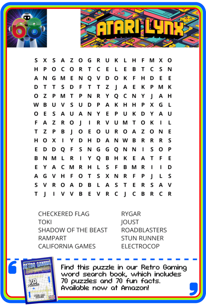 Atari Lynx-themed word search puzzle featuring game titles and a promo for a retro gaming book at the bottom.