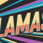 Pixel art llama next to the word “LLAMASOFT” with colorful rays radiating from the background.
