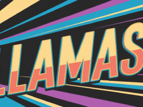 Pixel art llama next to the word “LLAMASOFT” with colorful rays radiating from the background.