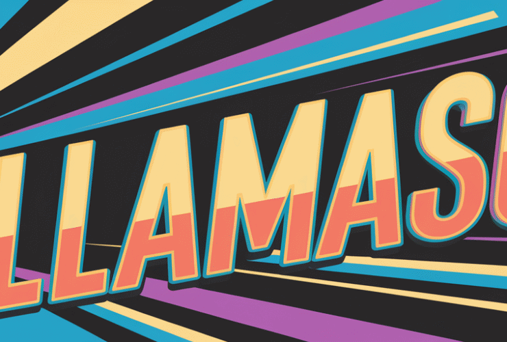 Pixel art llama next to the word “LLAMASOFT” with colorful rays radiating from the background.