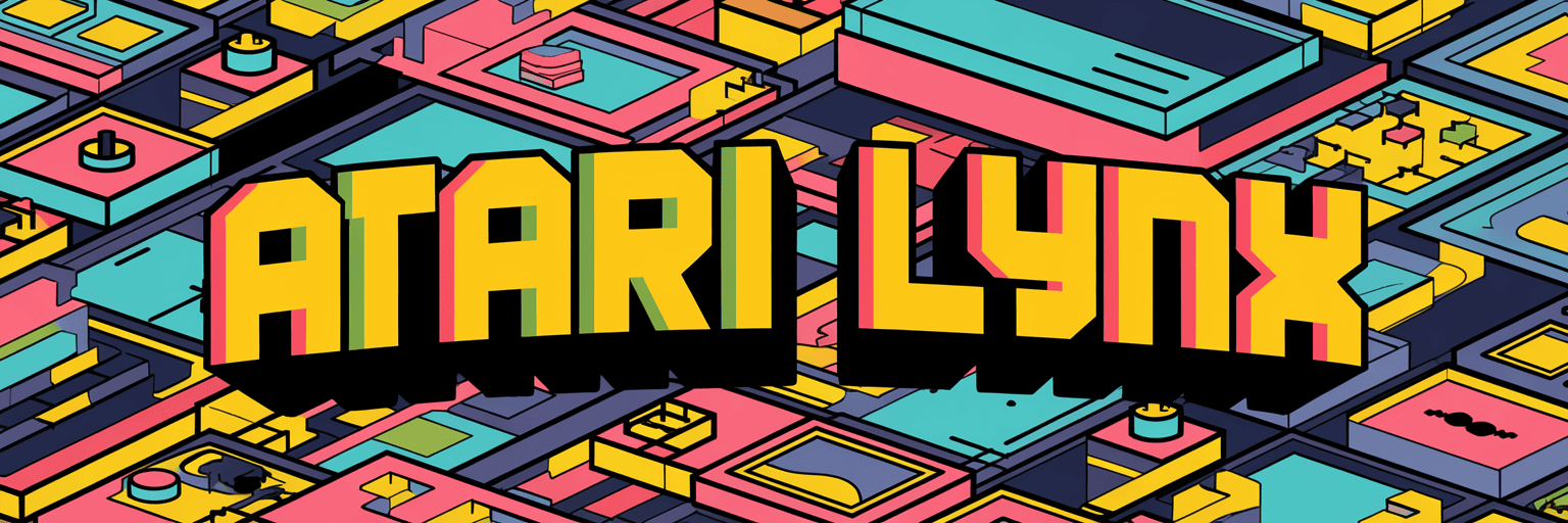 Bold yellow text "ATARI LYNX" on a colorful, geometric, isometric background with blue, pink, and yellow shapes.