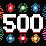 Pixelated "500" surrounded by colorful fireworks on a black background.