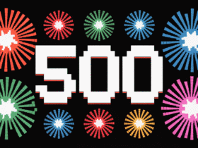 Pixelated "500" surrounded by colorful fireworks on a black background.