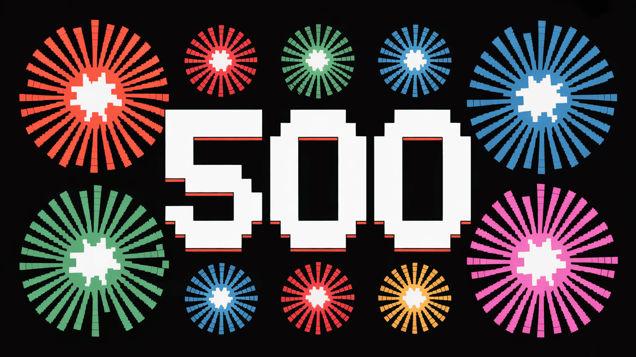 Pixelated "500" surrounded by colorful fireworks on a black background.